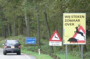 Borden langs de weg waarschuwnen voor wild dat de weg kan oversteken.